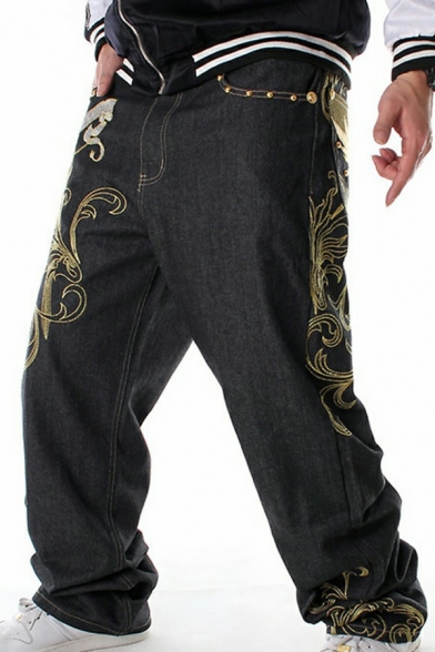 Men Metrosexual Jeans Embroidery Pattern Zip-up Pocket Long Length Oversized Jeans