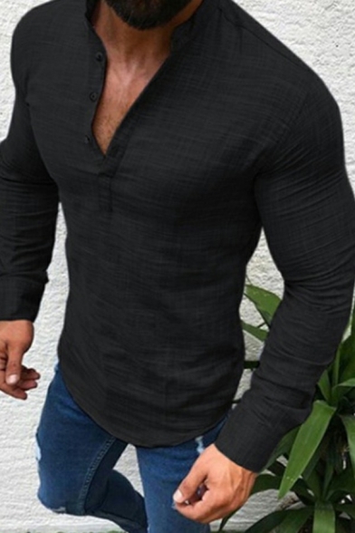 Men Trendy Shirt Solid Henley Collar Long Sleeves Slim Fit Shirt