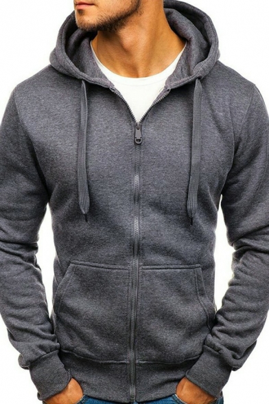 Mens Simple Hoodie Solid Color Kangaroo Pocket Long Sleeve Slimming Drawcord Hooded Sweatshirt