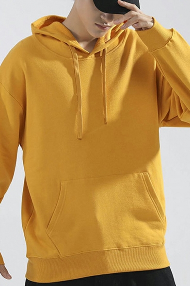 Modern Pure Color Sweatshirt Long Sleeve Drawstring Kanga Pocket Detail Pullover Crew Neck Pullover Sweatshirt for Men