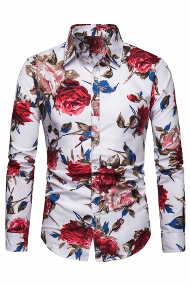 Popular Button Shirt Florals Printed Designed Lapel Collar Long Sleeve Slim Shirt for Guys
