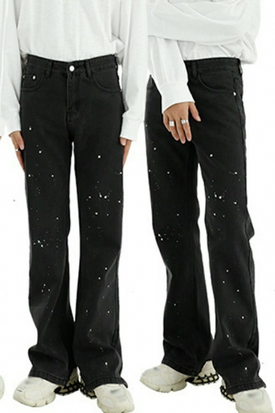 Retro Mens Jeans Splatter Pattern Mid Rise Full Length Straight Zip-up Jeans