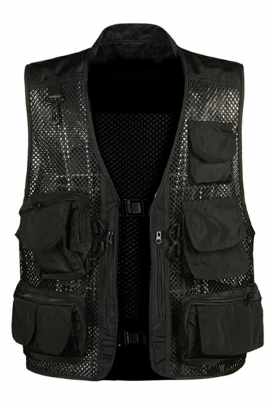 Simple Mens Vest Camo Pattern Zipper Pocket Utility Buckle Detail Regular Fit Sleeveless Vest