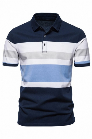 Street Look Guy's Polo Shirt Contrast Horizontal Striped Printed  Button Designed Lapel Collar Short-sleeved Regular Polo Shirt