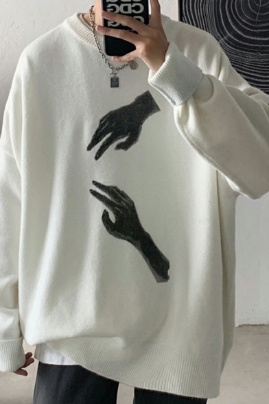 Street Style Men's Pullover Finger Print Long Sleeve Crew Neck Knitted Loose Pullover