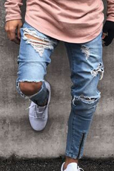 Stylish Jeans Plain Ripped Mid Waist Light Wash Zip Placket Skinny-Fit Long Jeans for Mens