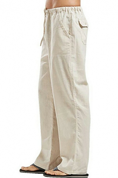 Stylish Men Pants Solid Color Pocket Designed Mid Rise Drawstring Pants