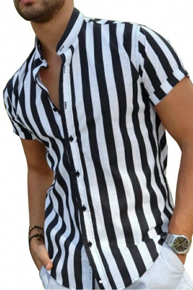 Stylish Men's Shirt Stripe Pattern Button Decorate Stand Collar Short Sleeve Loose Shirt
