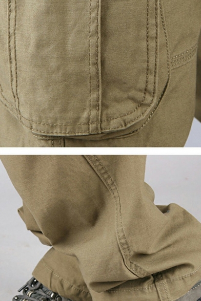Stylish Mens Cargo Pants Pure Color Zip Up Full Length Mid-Rised Loose Fit Pants with Flap Pockets