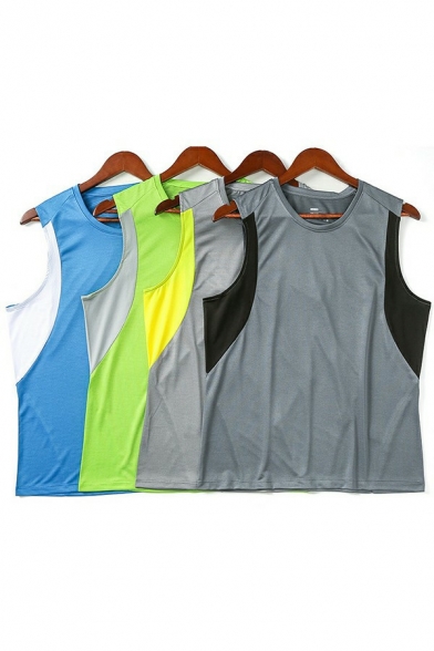 Unique Men's Vest Color Block Round Neck Sleeveless Loose Fitted Tank