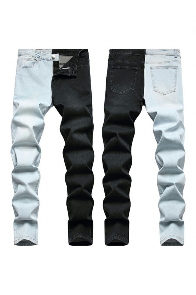 Urban Color Block Patchwork Jeans Mid-Rised Zip Closure Skinny-Fit Jeans for Men