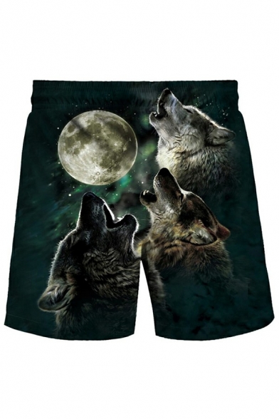 Boys Street Look Shorts 3D Wolves Print Mid Waist Relaxed Fitted Mid Thigh Shorts