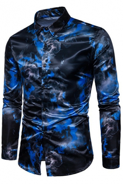 Cool Mens Shirt 3D Fire Patterned Single-Breasted Collar Long Sleeve Slimming Shirt