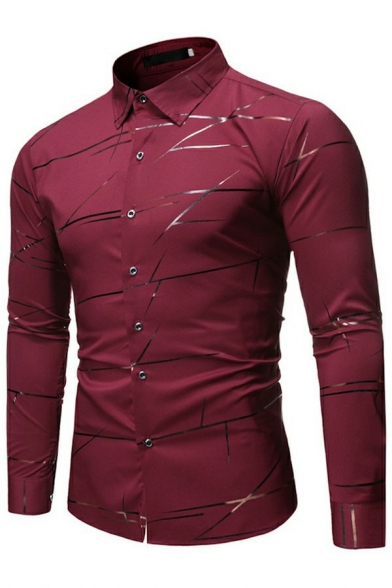 Cool Shirt Stripe Pattern Button-up Turn-down Collar Long Sleeves Slim Fit Shirt for Men