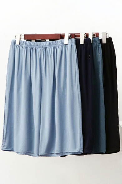 Creative Men Shorts Pure Color Front Pocket Detailed Elastic Waist Straight Shorts