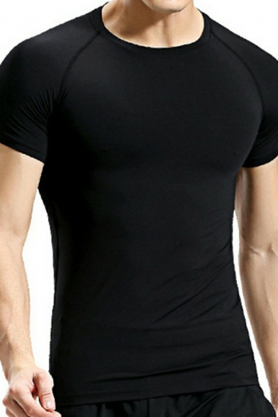Dashing T-shirt Contrast Lined Print Round Collar Short Sleeve Slimming Tee for Men
