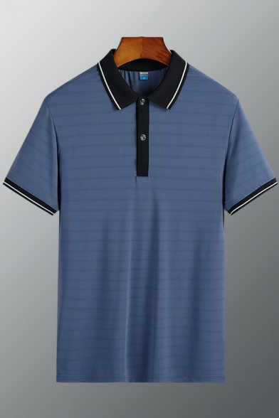 Dashing T-Shirt Stripe Pattern Turn-down Collar Button Detail Short Sleeves Regular T-Shirt for Guys