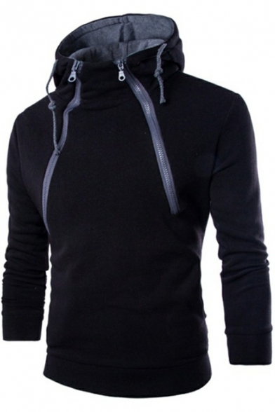 Freestyle Men's Hoodie Contrast Stitching Zipper Long Sleeves Slim Fit Drawstring Hoodie