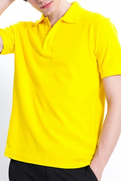 Guys Snazzy Polo Shirt Pure Color 1/4 Button Collar Short Sleeve Loose Fitted Polo Shirt