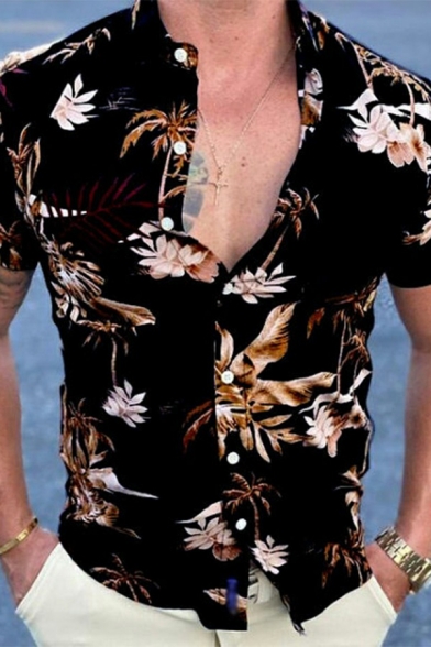 Hot Shirt Plant Pattern Button up Turn-down Collar Regular Fit Short Sleeve Shirt for Men