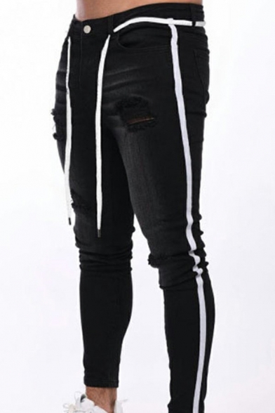 Leisure Jeans Color Block Side Striped Pattern Mid Waist Medium Wash Full Length Skinny Fit Jeans for Men