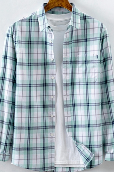 Men Casual Shirt Checked Print Point Collar Long Sleeve Single Breasted Chest Pocket Loose Shirt in Green