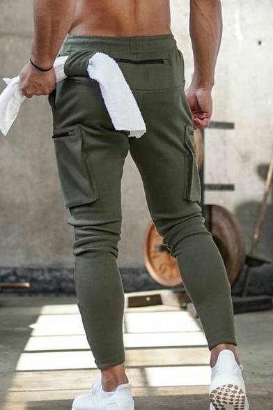 Men Cool Pants Pure Color Drawstring Zip Detailed Mid-Rised Slimming Pants