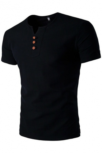 Men Fancy T-shirt Plain Button Detailed V-Neck Short Sleeves Slim Fit T-Shirt Top