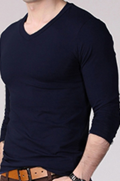 Men Fashionable T-Shirt Plain Color V-Neck Long-sleeved Slim Fit T-Shirt