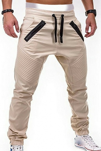 Men Leisure Pants Plain Pleated Zip Pocket Decorated Slim Fit Drawstring Pants