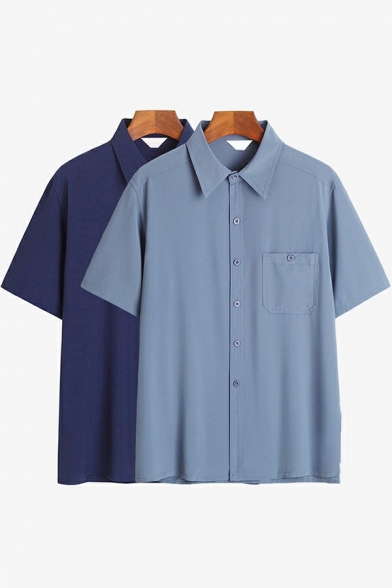 Men Leisure Shirts Solid Color Turn-Down Collar Single Breasted Chest Pocket Short Sleeve Loose Fit Shirts