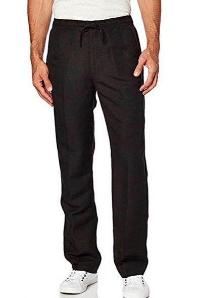 Men's Basic Drawstring Pants Solid Color Full Length Straight Regular Fit Pants