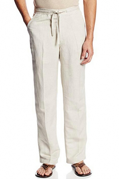 Men's Basic Drawstring Pants Solid Color Full Length Straight Regular Fit Pants