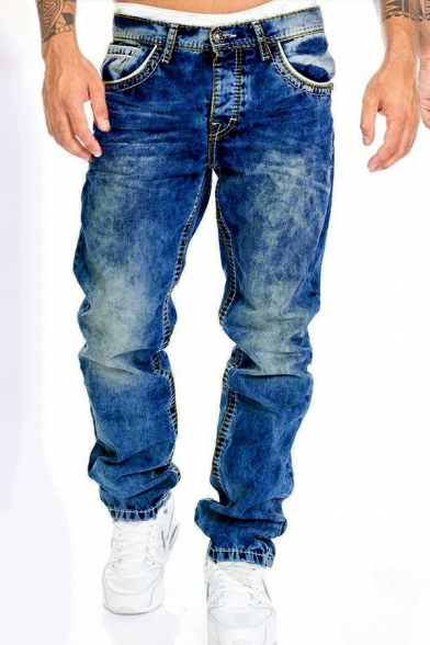 Mens Vintage Denim Washed Jeans Mid-Rised Zip Fly Pockets Detail Straight Fit Jeans