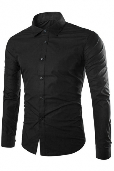 Simple Mens Shirt Solid Collar Button Detailed Long Sleeve Slim Fit Shirt