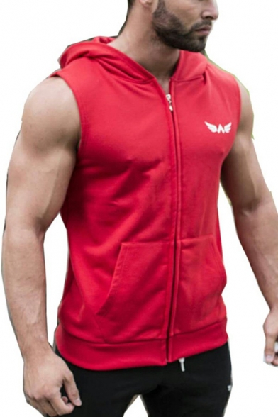 Sportive Vest Logo Patterned Zip Closure Pocket Hooded Regular Fitted Vest for Men