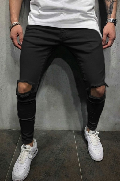 Stylish Mens Pants Pure Color Broken Knee Zip Fly Mid Rise Full Length Skinny-Fit Pants
