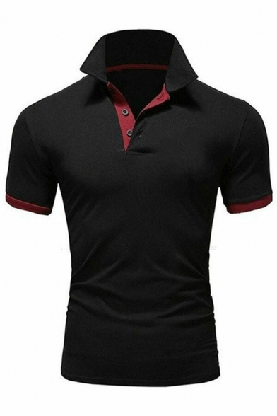 Stylish Polo Shirt Contrast Edges Button Decoration Lapel Collar Slim Fit Short Sleeves Shirt for Men