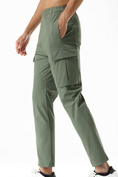 Unique Guys Pants Pure Color Pocket Elastic Waist Straight Ankle Length Cargo Pants