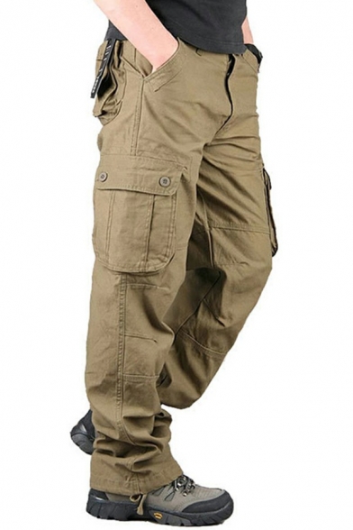 Urban Pants Plain Color Zip Up Full Length Flap Pockets Detail Loose Fit Cargo Pants for Men