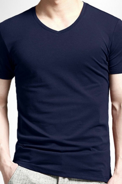 Basic T-Shirt Solid V-Neck Short Sleeves Fitted T-Shirt for Men