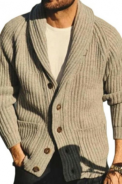 Casual Cardigan Plain Knit Long-Sleeved Pocket Detailed Shawl Collar Button down Regular Fitted Cardigan for Men
