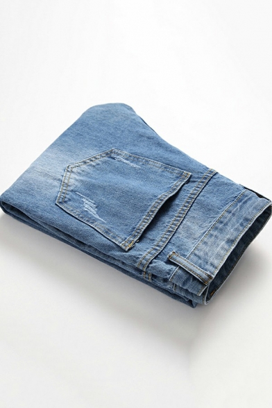 Casual Jeans Solid Color Washed Effect Mid Waist Zip Placket Long Straight Jeans for Mens