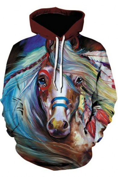 Casual Men's Hoodie 3D Horse Print Long Sleeve Relaxed Fit Drawcord Hoodie