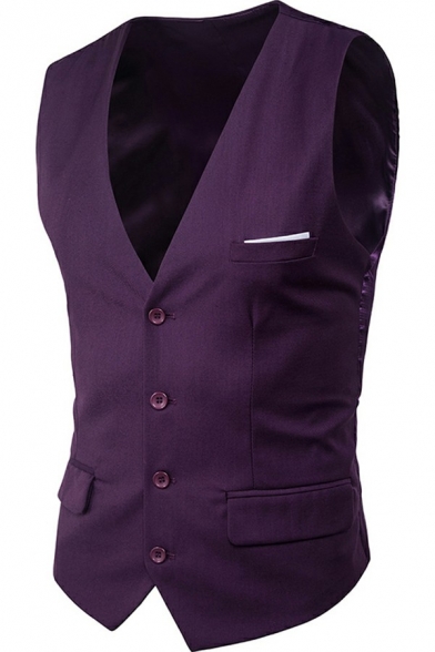 Casual Plain Color Vest V-Neck Single Breasted Sleeveless Regular Fitted Vest for Men in Black