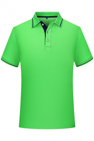 Comfortable Guys Polo Shirt Contrast Line Button Designed Collar Short Sleeve Fitted Polo Shirt