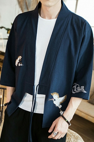 Cool Coat Crane Embroidery Printed 3/4 Sleeves Open Front Loose Fitted Coat for Men