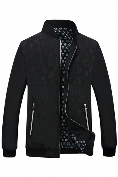 Cool Jacket Figure Pattern Stand Collar Long Sleeve Zip Designed Rib Cuffs Fit Jacket for Guys