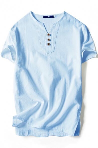 Fashionable Solid Tee Top V-Neck Button Designed Short Sleeves Regular T-shirt for Men