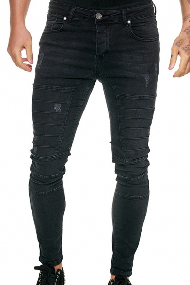 Freestyle Mens Jeans Plain Wrinkled Effect High-Rise Zip Closure Skinny-Fit Full Length Jeans